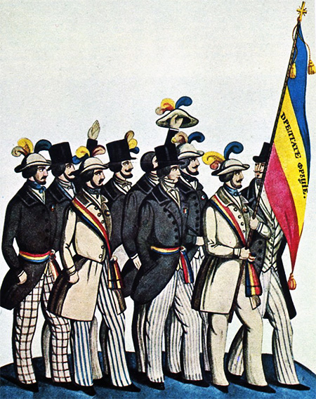 1848 Studenți români la Paris, prezentând guvernului revoluționar francez steagul lor cu mențiunile Dreptate Frăție. Acuarelă de C. Petrescu