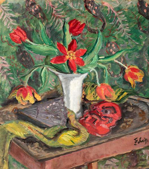 19 Naturră Moarte Cu Liliac și Mască Roșie Still Life With Lilies, Fan And Red Mask,1925